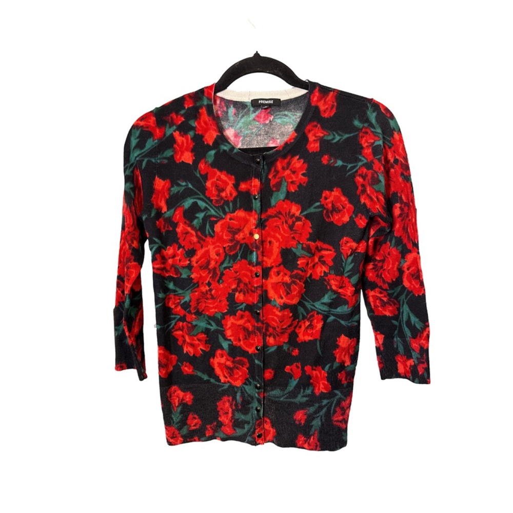 PREMISE Black Red Floral Cardigan S
